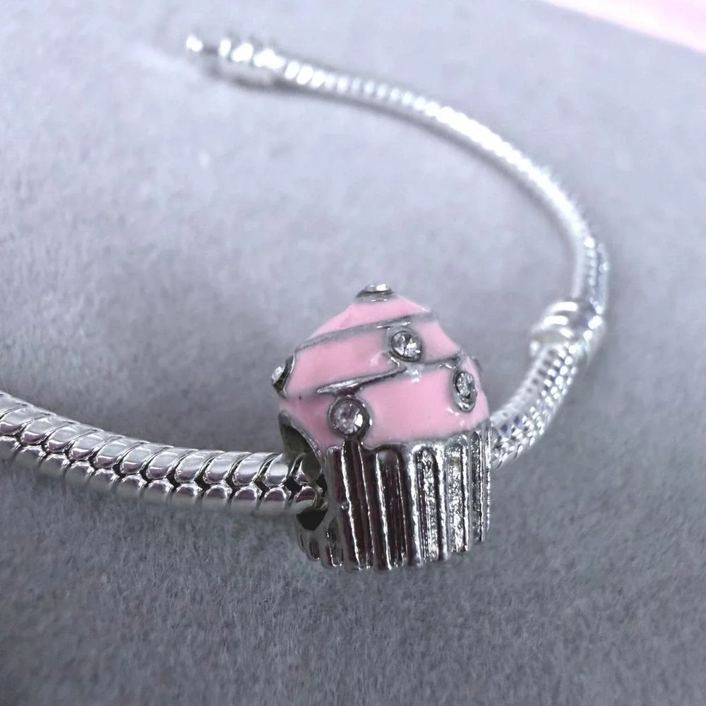 Pink Enamel Cupcake Silver European Charm fits PANDORA